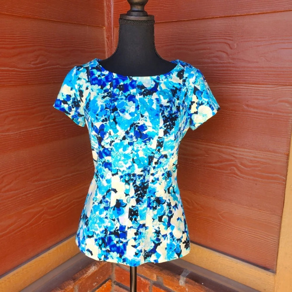 Ann Taylor Tops - Ann Taylor Women's Size Small Floral Blouse Teal Blue Yellow Back Zip Top